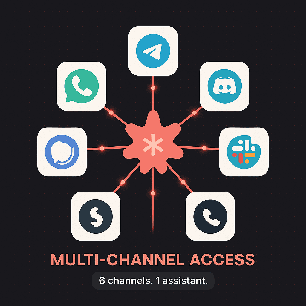 KanaHost multi-channel access — connect via Telegram, WhatsApp, Discord, Signal, Slack, and email