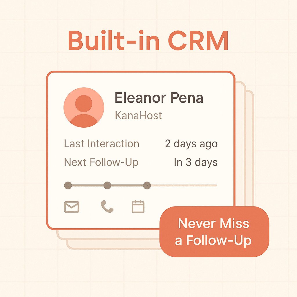 KanaHost built-in CRM tracks every client interaction and surfaces the right context automatically