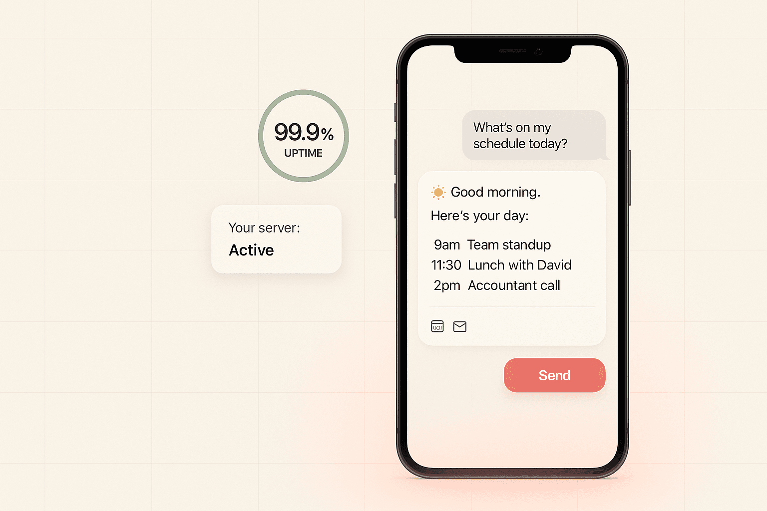 KanaHost AI assistant conversation showing morning briefing and voice messages in Telegram